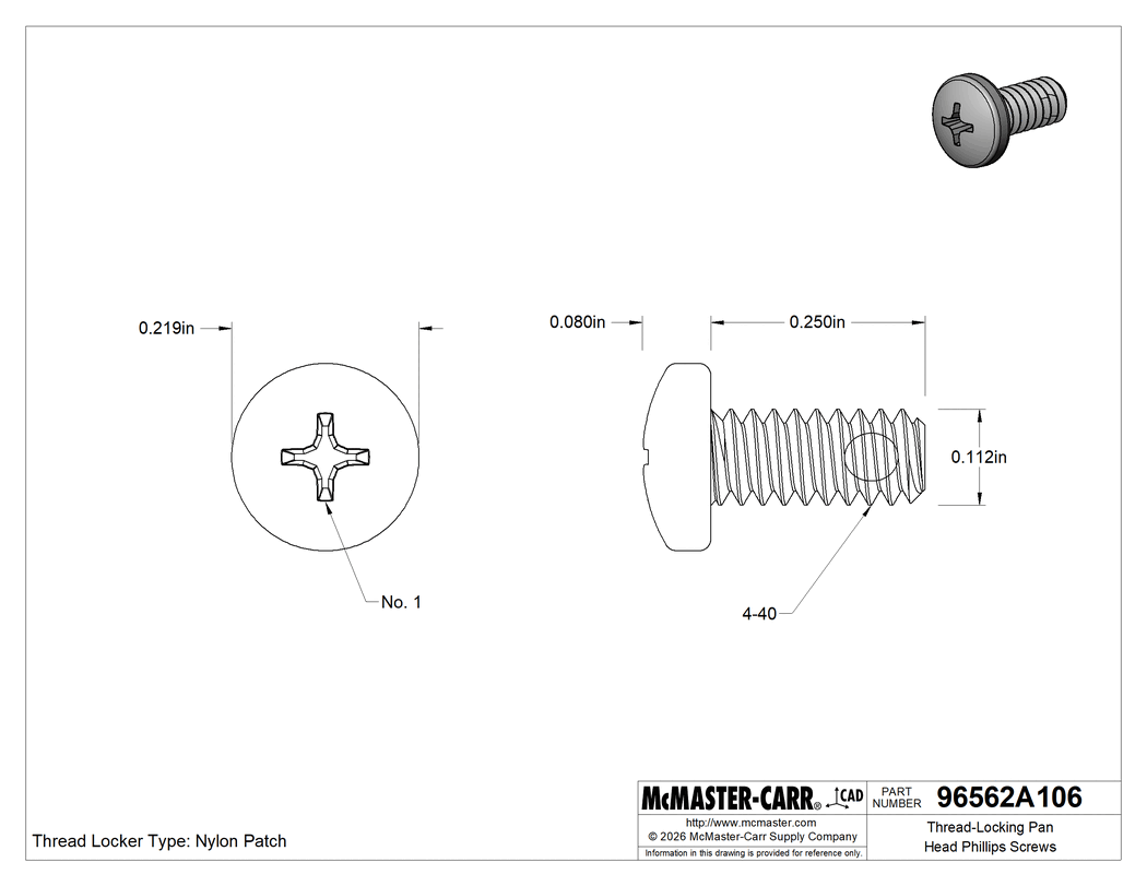Technical Drawing of Thread-Locking Pan Head Phillips Screws, 4-40 Thread Size, 1/4" Long.